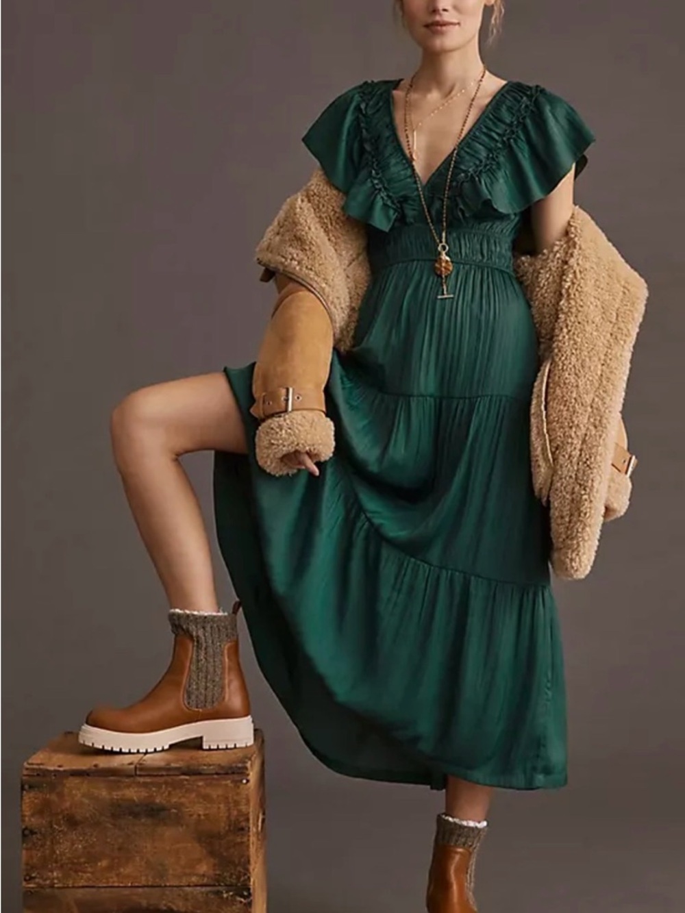 Anthropologie Deep Green Ruffle V-Neck Midi Dress